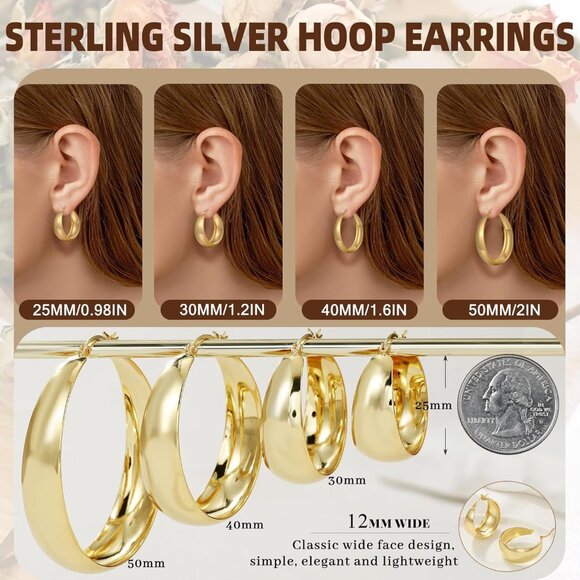 Women's Thick Hoop Plated Sterling Gold Lightweight Chunky Large Earrings - Picture 4 of 7